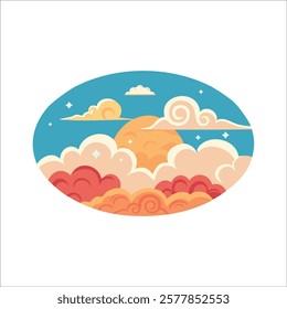 Vector illustration of sky with clouds and moon in japanese style