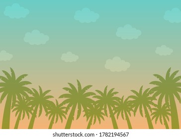 Ilustración vectorial de palmeras de cielo y coco con lugar para texto. Para invitación, tarjeta de saludo, correo, publicidad de agencia de viajes, afiche, artículo, promoción, web y banner publicitario.