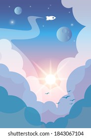 vector illustration - sky day and night and a rocket taking off to the stars