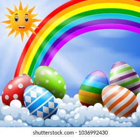 vector illustration of sky with Easter eggs near the rainbow