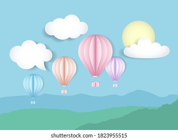 Vector illustration of sky with hot air balloons. Natural background with landscape with clouds and sun