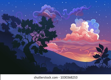 Vector illustration of sky. Landscape with clouds on the sunset. Silhouette of forest on mountains background.