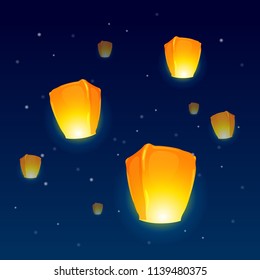 vector illustration of sky lanterns flying against the night sky