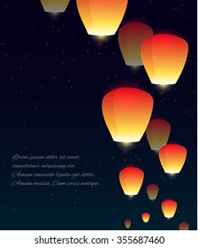 Vector illustration of sky lanterns, stars and a place for text for your design