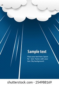 Vector illustration of sky with paper clouds and sun lights. Digital illustration of sky card. Design contains paper clouds. Sky and light trougth clouds. EPS 10 file with transparency.