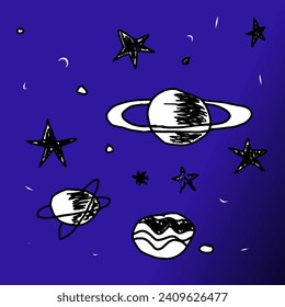vector, illustration of the sky in space with planets and stars on a blue-black background