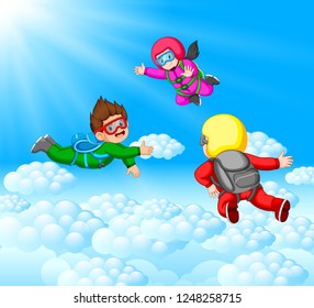 vector illustration of Skydivers having fun at the amazing cloud