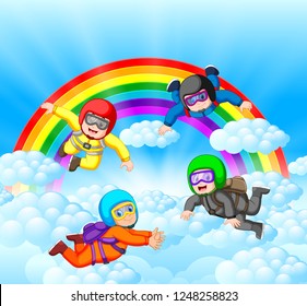 vector illustration of Skydivers having fun at the amazing cloud with rainbow scenery