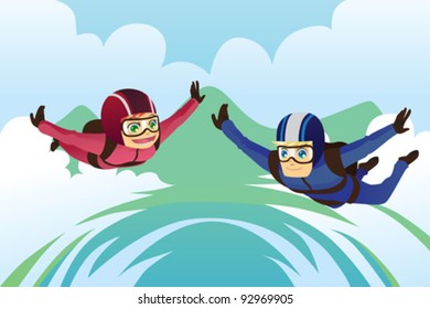 A Vector Illustration Of A Skydiving Couple