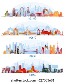 Vector illustration of Skyline detailed silhouette set (Beijing, Tokyo, New Delhi, Cuba)