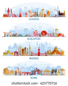 Vector illustration of Skyline flat  set (London, Singapore, Madrid, Rome)