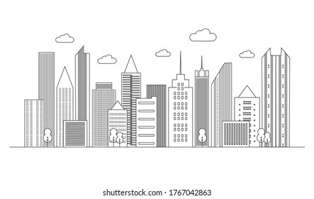 Vector illustration of skyline linear cityscape. Big city panorama background with skyscraper office buildings, factory and trees on white background.