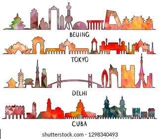 Vector illustration of Skyline silhouette set Beijing, Tokyo, New Delhi, Cuba, triangular design
