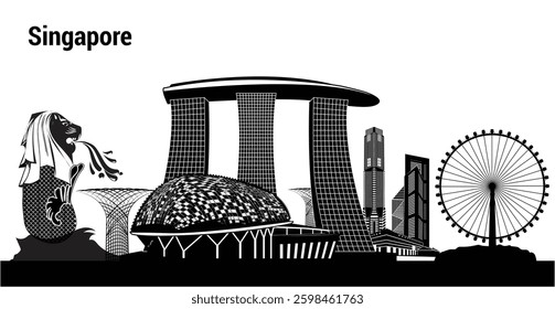 A vector illustration of Singapore’s skyline silhouette, showcasing iconic landmarks like Marina Bay Sands and the Singapore Flyer, reflecting the city's dynamic fusion of modernity and tradition