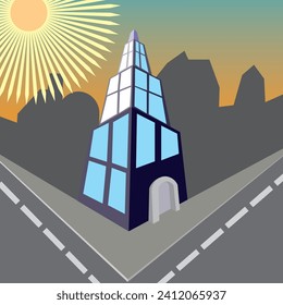 Vector illustration with skyscraper. in the background silhouettes of high-rise buildings of the city. The sun over the skyscraper. Afternoon sky in gradient color. City, skyscraper, urban skyline.
