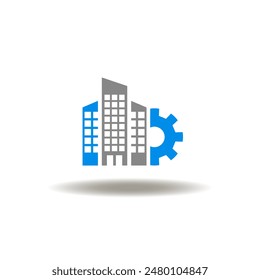 Vector illustration of skyscraper building with gear. Icon of ERM Enterprise Risk Management. Sign of ERP Enterprise Resource Planning. Symbol of business expansion.