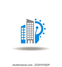 Vector illustration of skyscraper building and light bulb. Icon of CSR Corporate Social Responsibility.