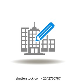 Ilustración vectorial de rascacielos y lápiz. Icono de modelado de información de creación de BIM. Símbolo de arquitectura de construcción, diseño y dibujo.