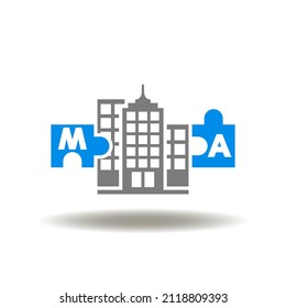 Vector Illustration Of Skyscraper With Puzzle Pieces M And A Letters. Symbol Of Mergers And Acquisitions Business Cooperation Company. Icon Of Merger And Acquisition Corporate Partnership.