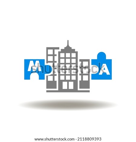 Vector illustration of skyscraper with puzzle pieces m and a letters. Symbol of Mergers and Acquisitions Business Cooperation Company. Icon of Merger and Acquisition corporate partnership.