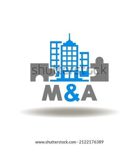 Vector illustration of skyscraper with puzzle pieces and m and a abbreviation. Icon of mergers and acquisitions. Symbol of merger and acquisition, companies corporate cooperate.