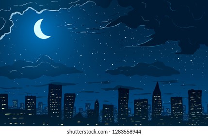 Vector illustration. Skyscrapers in big city at night.