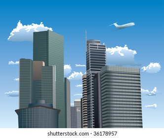 Vector illustration of skyscrapers. Blue sky with white clouds and flying airplane in background.