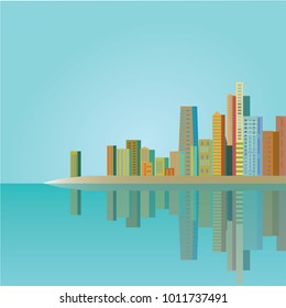 Vector illustration with skyscrapers in flat design. Can used for web banner, info graphic and brochure. Black - white cityscape with reflection