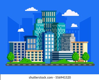 Vector illustration with skyscrapers in flat design. Big green modern city with road and high buildings.Can used for web banner, info graphic and brochure.
