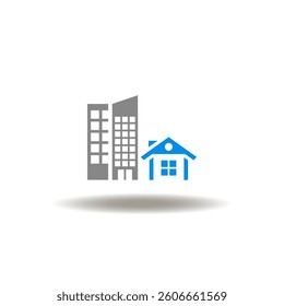 Vector illustration of skyscrapers and house building. Symbol of housing archtecture construction. Icon of BIM.