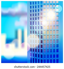vector illustration of the skyscrapers in the rays of the rising sun