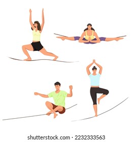 Vector illustration. Slackline yoga. Sports people demonstrates yoga position. On a white background