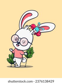 vector illustration of a slang female rabbit wearing glasses with plants around it. animal activity icon concept