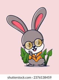 vector illustration of a slang rabbit sitting relaxed with plants around it. animal activity icon concept