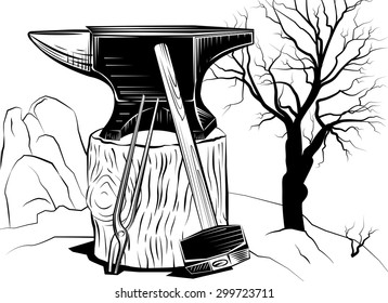 Vector illustration with a sledge hammer and an anvil on a tree stump on a background of dead tree
