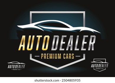 Vector illustration of a sleek auto dealer logo featuring premium sports car silhouette. Perfect for automotive branding and car dealership marketing material.