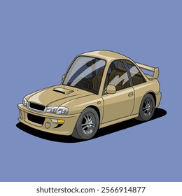 vector illustration of a sleek, beige sporty car with a prominent rear spoiler, detailed rims, and a hood scoop, set against a minimalist blue background