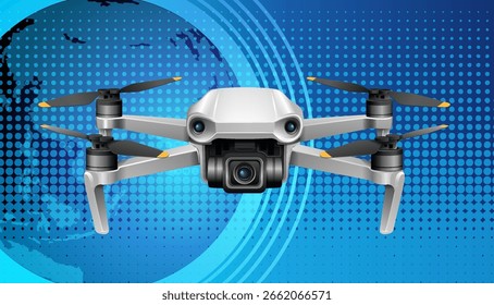 Vector illustration of a sleek drone against a vibrant blue digital backdrop, highlighting modern technology and innovation