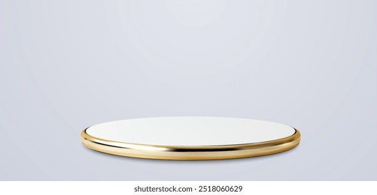 Vector illustration of sleek, modern display platform with a gold rim, perfect for showcasing products or creating a luxurious presentation. Minimalist design. 3D realistic luxury style golden podium