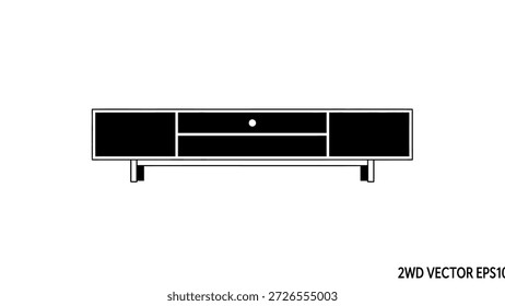 Ilustração vetorial de um console de mídia moderno e elegante ou suporte de tv com armazenamento e linhas limpas, isolado no branco.