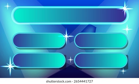 Ilustración vectorial de una interfaz de juego elegante, iluminado de neón. Cuenta con Botones brillantes y un fondo degradado azul vibrante
