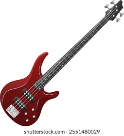 A vector illustration of a sleek red 4-string electric bass guitar, showcasing a modern design with detailed control knobs and fretboard, emphasizing its stylish appearance