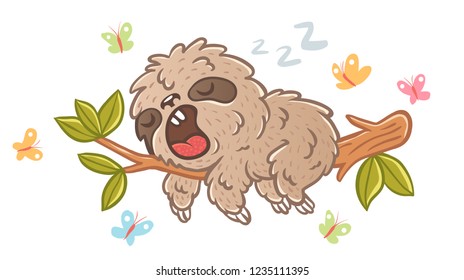 Vector illustration of a sleep sloth on branch with green leaves. Sloth and butterflyes.