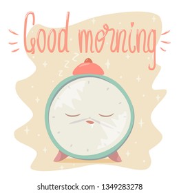 Vector illustration of sleeping alarm clock with Good Morning lettering. Isolated on white background.