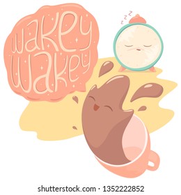 Vector illustration of sleeping alarm clock and cheerful cup of coffee, with Wakey-Wakey lettering. Isolated on white background.