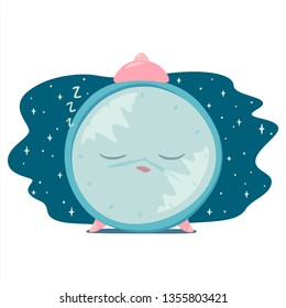 Vector illustration of sleeping alarm clock with starry sky behind. Isolated on white background.