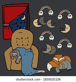 vector illustration. sleeping animals. cat, Fox, sheep, rainbow, window, night, curtains, Crescent moon. dark blue background. black outline.a chair, a blanket, a sleeping pad. print on clothing