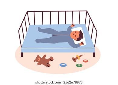 Vector illustration of sleeping baby in crib, toys, teddy bear and ring stacker lying on the floor. Baby boy character in cartoon style, flat design, ideal for themes of childhood, sleep, parenting