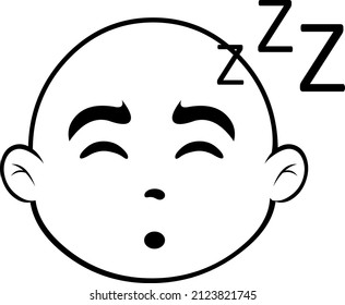Vector illustration of a sleeping bald cartoon character face, drawn in black and white