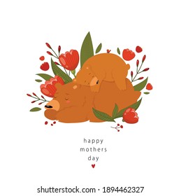 Vector illustration of sleeping bears. Happy mother's day. Mom bear and baby bear. Family of cute bears. Cartoon bears. Nature, tulips, foliage. Poster, postcard.